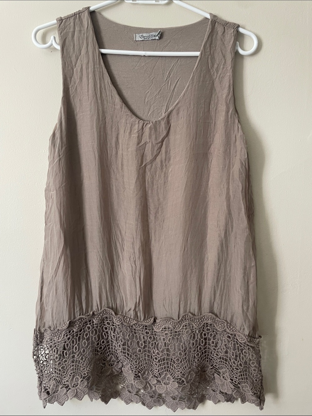 Elena Baldi Italy Taupe Layered Lace Hem Sleeveless Tunic Top L
